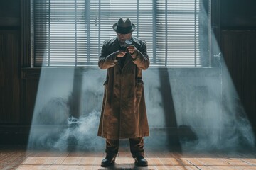 Film noir style image of a detective in a trench coat and fedora hat searching for clues with a magnifying glass in a dark room with venetian blinds - obrazy, fototapety, plakaty