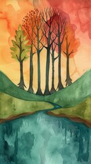 Colorful watercolor painting of trees and a river