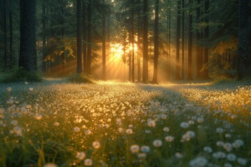 Mystical rays of sunlight shining through a dense forest