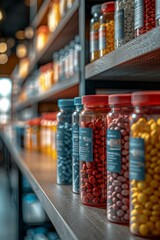 Fototapeta na wymiar Close-up of colorful pill bottles on a shelf in a pharmacy