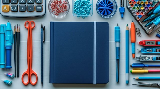 A variety of office supplies are arranged on a white table.