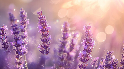 Delicate lavender blooms adorned with morning dew, evoking a sense of calmness and warmth in a sunlit field