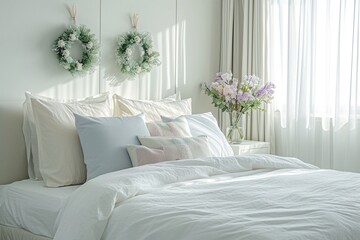 A serene bedroom with a subtle Easter theme, featuring a king-sized bed with crisp white linens and pastel-colored throw pillows. Elegant Easter wreaths hang above the bed