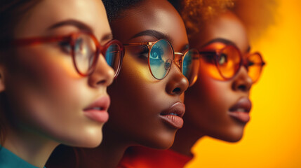 Fashionable trio of afro american women in vibrant glasses, displaying elegance and diversity in a colorful close-up portrait. - obrazy, fototapety, plakaty