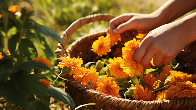 harvest of orange marigold blossoms - close up hands pick the blossoms up an take them in a basket