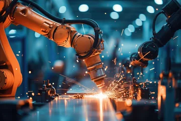 Fotobehang robotics automatic arms machine in factory industrial. Industry 4.0 © Eva Corbella