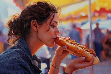 Beautiful young woman having a hotdog - obrazy, fototapety, plakaty