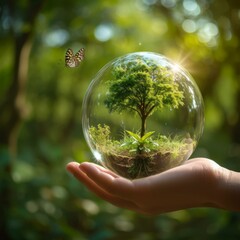 Hand holding a glass ball with a tree and a butterfly inside