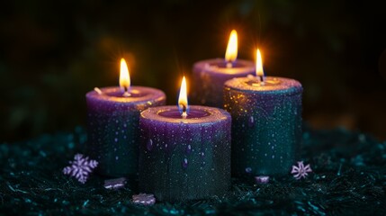 Obraz na płótnie Canvas Four purple candles are burning with a blurred background