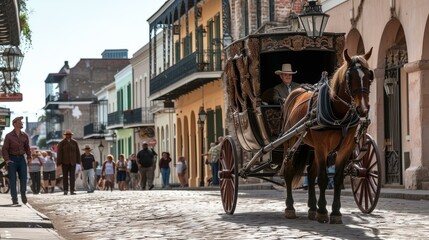 A horse-drawn carriage rides down a cobblestone street in a historic district - obrazy, fototapety, plakaty