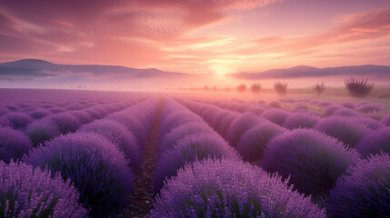 A picturesque view of dew-covered lavender fields at sunrise, emanating a warm and soothing ambiance
