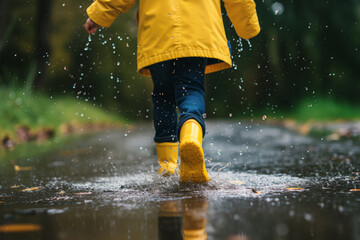 Child in rubber boots and yellow raincoat jumping in puddle, Boy having fun in rainy day