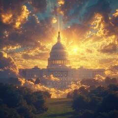 Obraz premium The United States Capitol Building in the clouds at sunrise