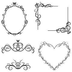 Vector, beautiful, romantic frames for princesses in vintage style with ornate ornaments, crowns, and hearts.