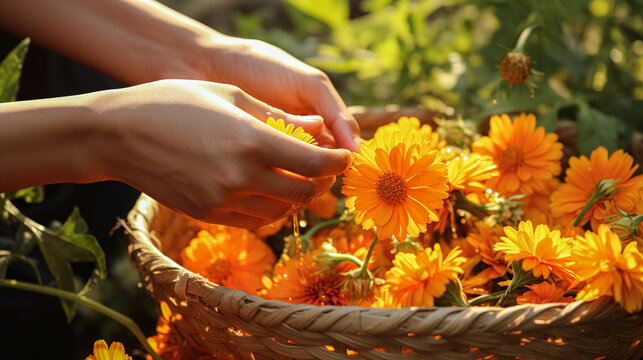 harvest of orange marigold blossoms - close up hands pick the blossoms up an take them in a basket