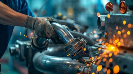 welder welding a metal pipe in a factory - obrazy, fototapety, plakaty
