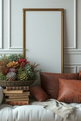 A beautiful living room with a large empty gold gilded frame on the wall above a white sofa with brown leather pillows and a stack of old books with a flower bouquet on top of the books