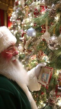 Santa Claus admiring a picture frame ornament on a Christmas tree