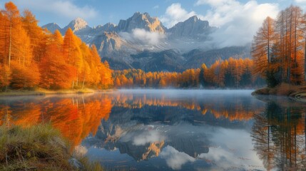 Fototapeta premium Scenic view of a mountain lake in the fall season