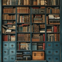 A beautiful library with blue bookshelves full of old books - obrazy, fototapety, plakaty