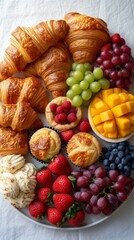 Naklejka na ściany i meble A delicious breakfast spread with croissants, muffins, fruit, and berries