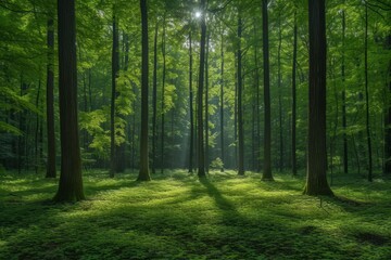 The sun shines through the tall trees in the lush green forest