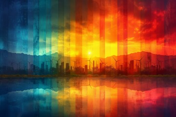 Naklejka premium A beautiful landscape of a city with mountains, windmills, and a lake with a colorful sky.