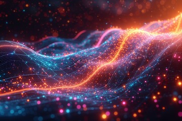 Obraz premium Colorful and dynamic glowing futuristic wave with connected dots and lines