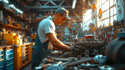 A mechanic works on an engine in a garage - obrazy, fototapety, plakaty