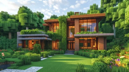 Fotobehang Minecraft Modern Glass and Wood Minecraft House