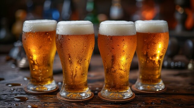 Four glasses of beer on a bar counter