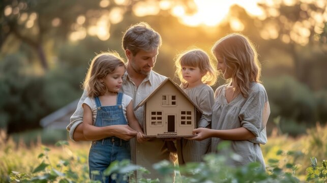 Family of four holding a cardboard house in a field