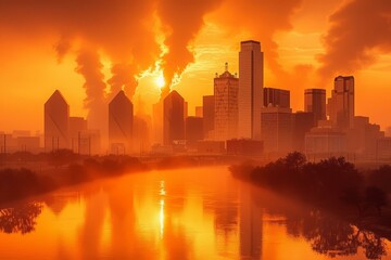 A fiery sunrise over a downtown city skyline