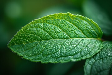 Close-up of a single green leaf with water droplets on its surface