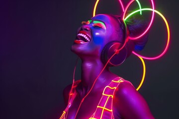 Portrait of a young woman with headphones and neon glowing accessories