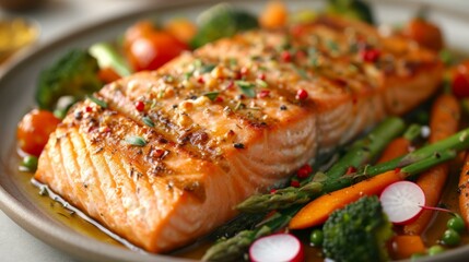 Grilled salmon with asparagus, broccoli, carrots, and cherry tomatoes