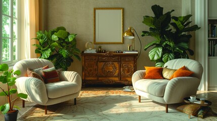 Elegant living room interior with two armchairs, a console, plants, and a large window
