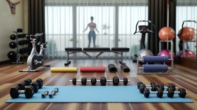 Dumbbell and yoga mat on the wooden floor of a home gym with a woman in sportswear standing in the background