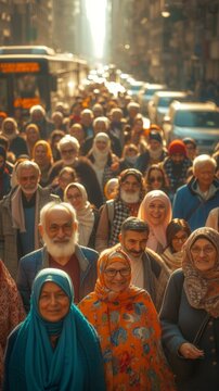 A large crowd of people walking down a busy street in a Middle Eastern city