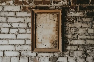 Naklejka premium old wooden frame on whitewashed brick wall