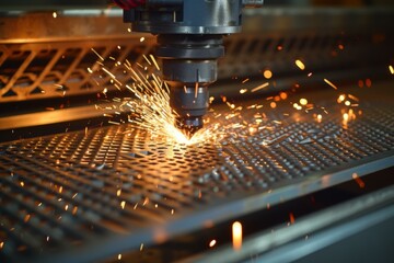Industrial laser cutting machine in operation, cutting through metal plate, sparks flying
