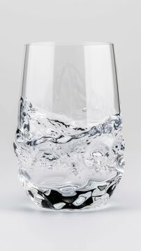 Transparent glass with wavy textured bottom filled with water
