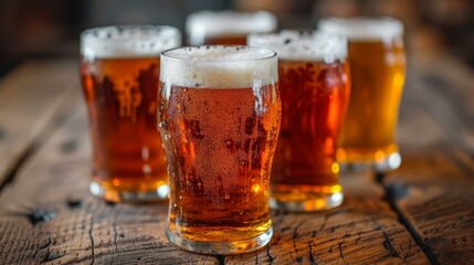 A variety of beers in glass on a wooden table