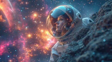 An astronaut in a spacesuit is standing on a planet looking at a beautiful nebula. - obrazy, fototapety, plakaty