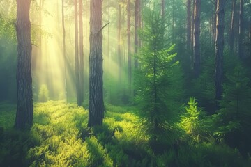 The sun shines through the trees in the misty forest