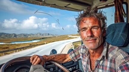 Portrait of a trucker smiling while driving his truck on a coastal highway