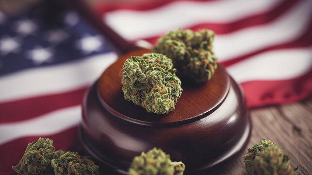 Cannabis buds and wooden judges gavel on a background of the American flag