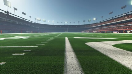 American football stadium with green field and empty seats under bright blue sky