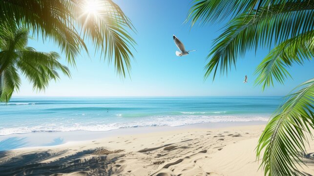 Beach with palm trees and flying seagulls