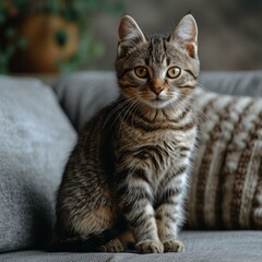 Obraz premium A cute tabby kitten is sitting on a gray couch and looking at the camera